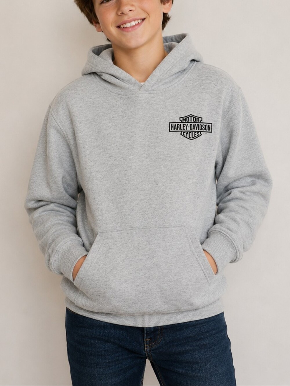 Harley-Davidson Kids Gray Pullover Hoodie Size 12/14 Youth Logo Sweatshirt